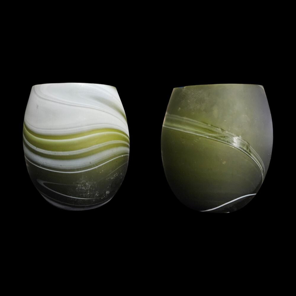 Vintage Art Glass Votive Candle Holders Green White Swirl Frosted Pair